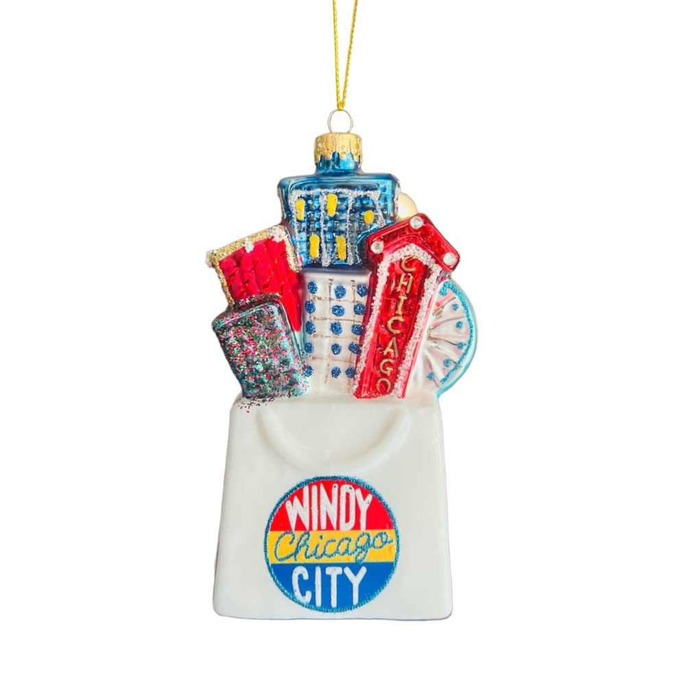 Chicago Glittered Shopping Bag Glass Ornament